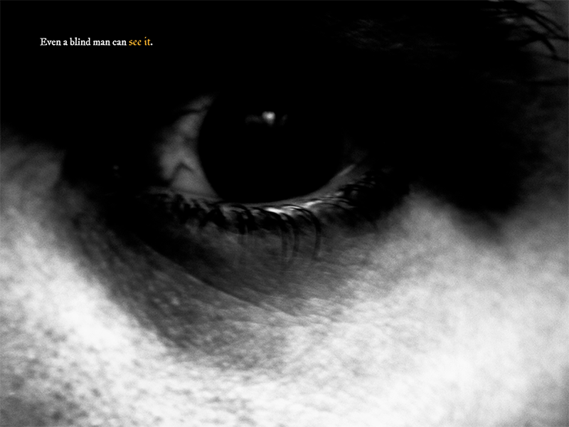 Screenshot from Book of Cruelty, showing a black and white photograph of an eye.
