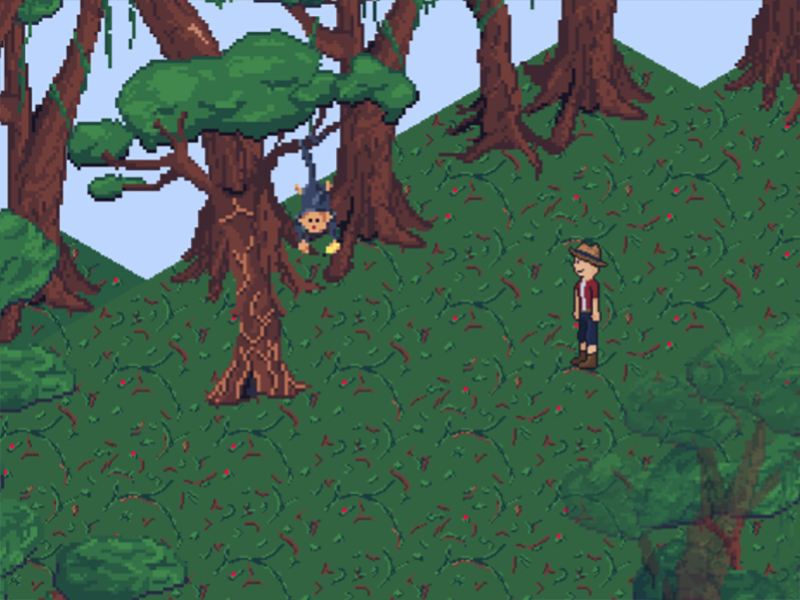  Screenshot from Chapter 1, showing pixel art of a man looking at a monkey in a tree