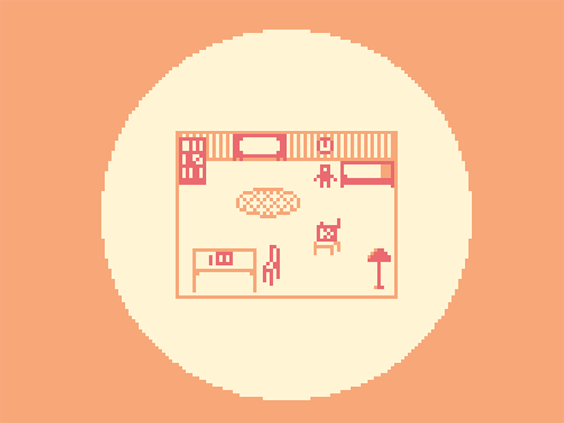 Screenshot from Reclaiming Solitude, showing a bedroom drawn in orange pixels.